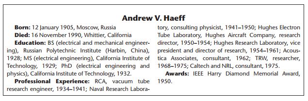 Andrew V. Haeff biography at a glance.