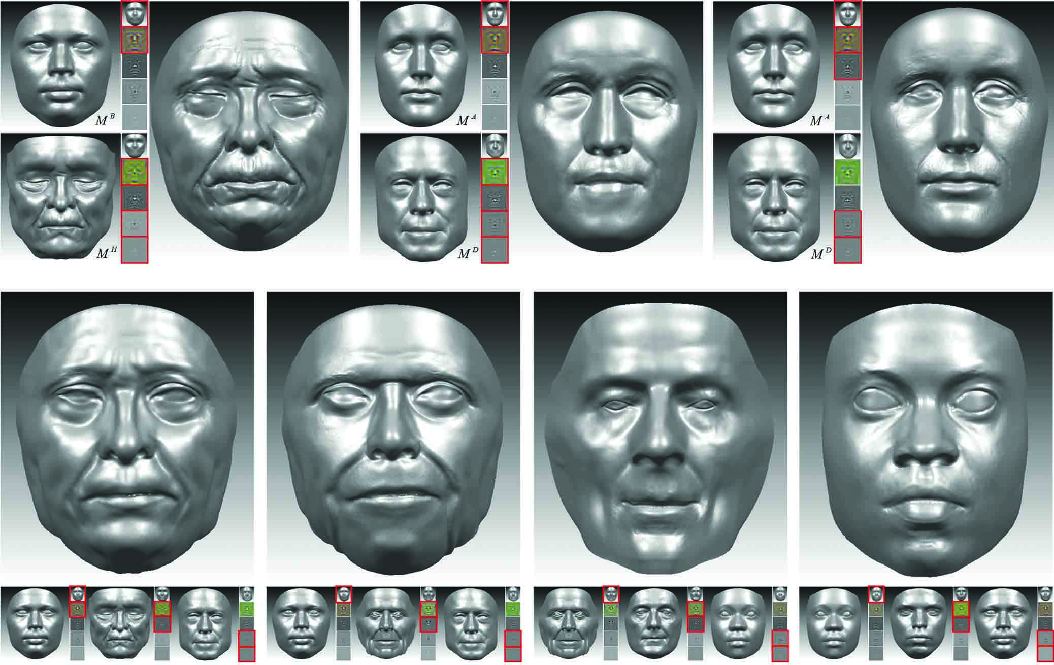 The four larger faces toward the bottom show examples of synthesized face models using weighted blending of three multiscale face models.
