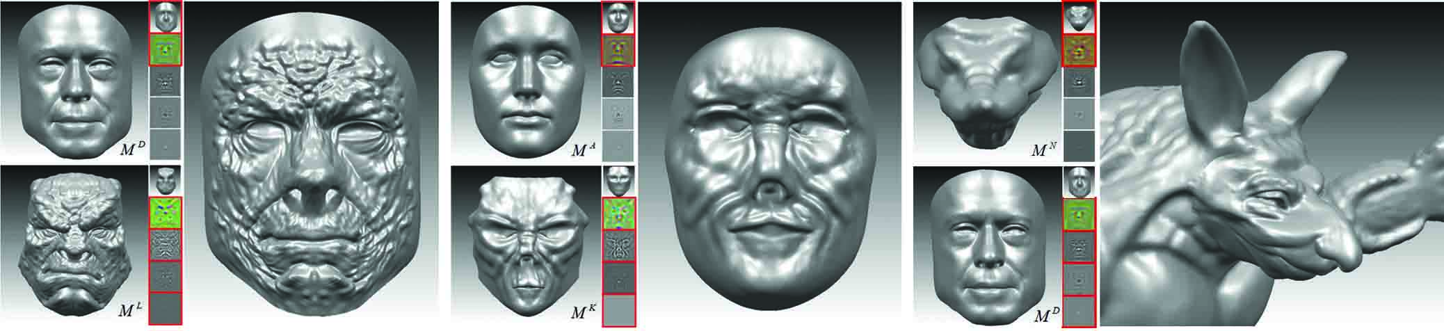 Blending multiscale nonhuman faces. These examples shows the results of transferring the details of a monster face to a human face, an alien face to a human face, and human faces to an armadillo face.