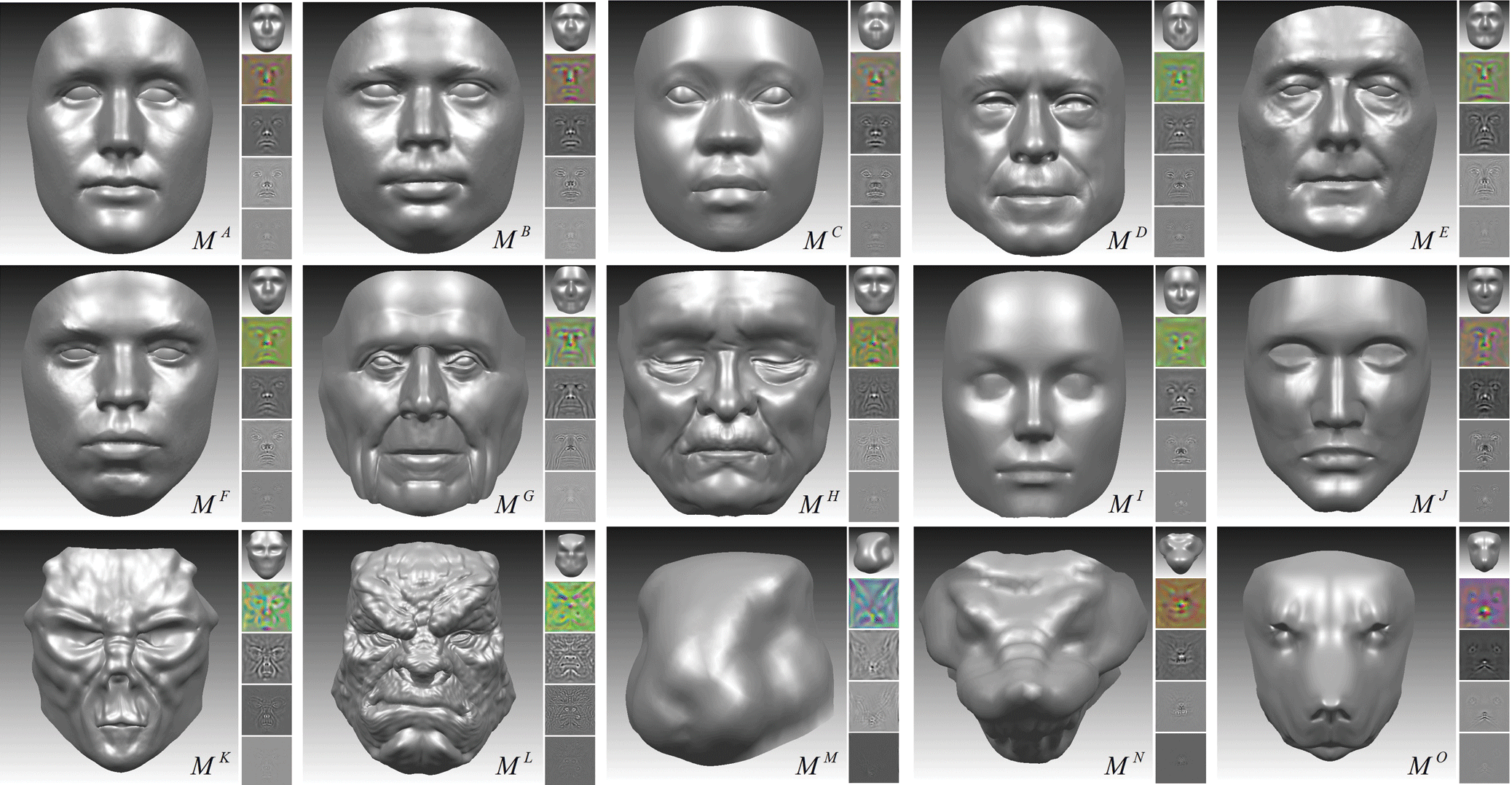 Multiscale face models captured from a set of 15 different face models. The full set consists of 10 human faces and five nonhuman faces including several animals, a monster, and an alien.