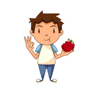 cartoon boy eating apple and making ok symbol with hand