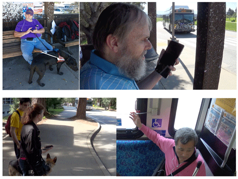 Blind participants in the public transit assistant (PTA) system user study. Clockwise from top left: “Albert” interacting with the PTA application on his tablet; “Bill” being informed that his desired bus is approaching; “Donald” pulling the stop request cord; “Candace” waiting to hear from the system whether the approaching bus is the desired one.