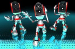 robots with stereos for heads dancing