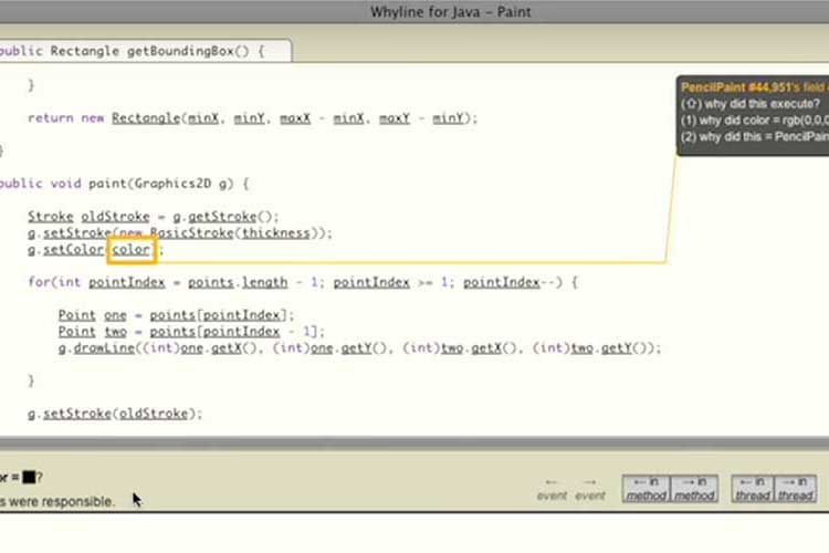 Screenshot from a Whyline Java Demo