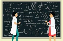 illustration of two female scientists in front of chalk board with equations