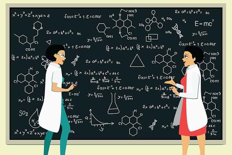 illustration of two female scientists in front of chalk board with equations