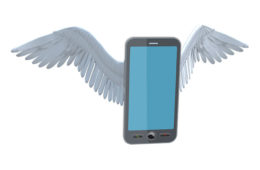 color illustration of smartphone with wings